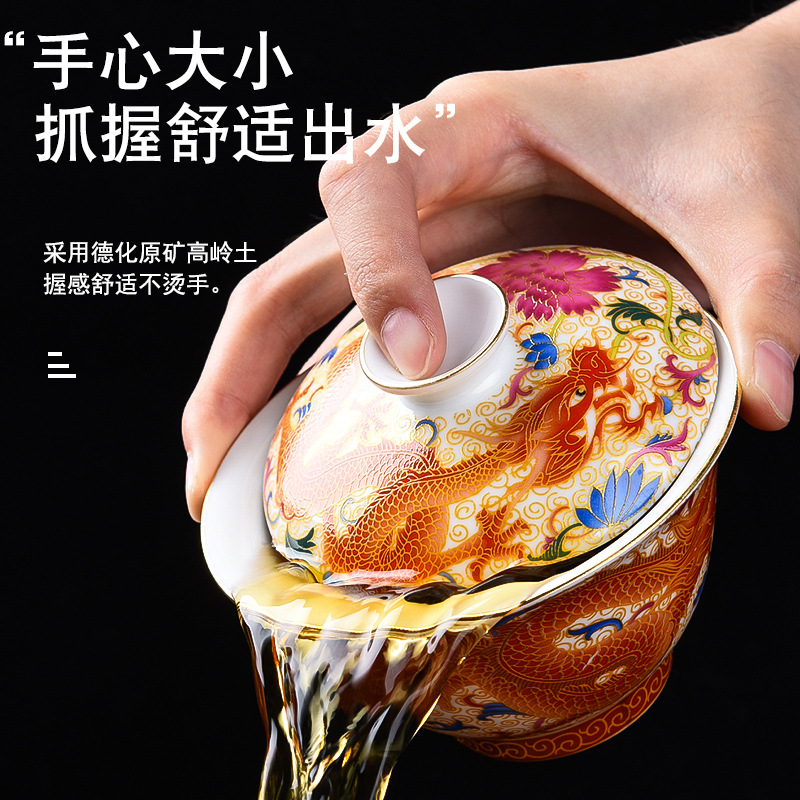 Ceramic Enamel Gaiwan Tea Cup Large Household Sancai Tea Brewing Bowl Single Tea Set Teapot with Lid