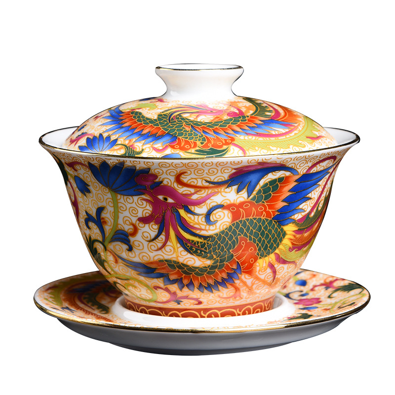 Ceramic Enamel Gaiwan Tea Cup Large Household Sancai Tea Brewing Bowl Single Tea Set Teapot with Lid