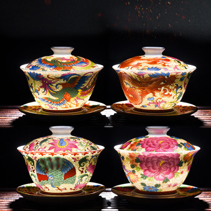 Ceramic Enamel Gaiwan Tea Cup Large Household Sancai Tea Brewing Bowl Single Tea Set Teapot with Lid