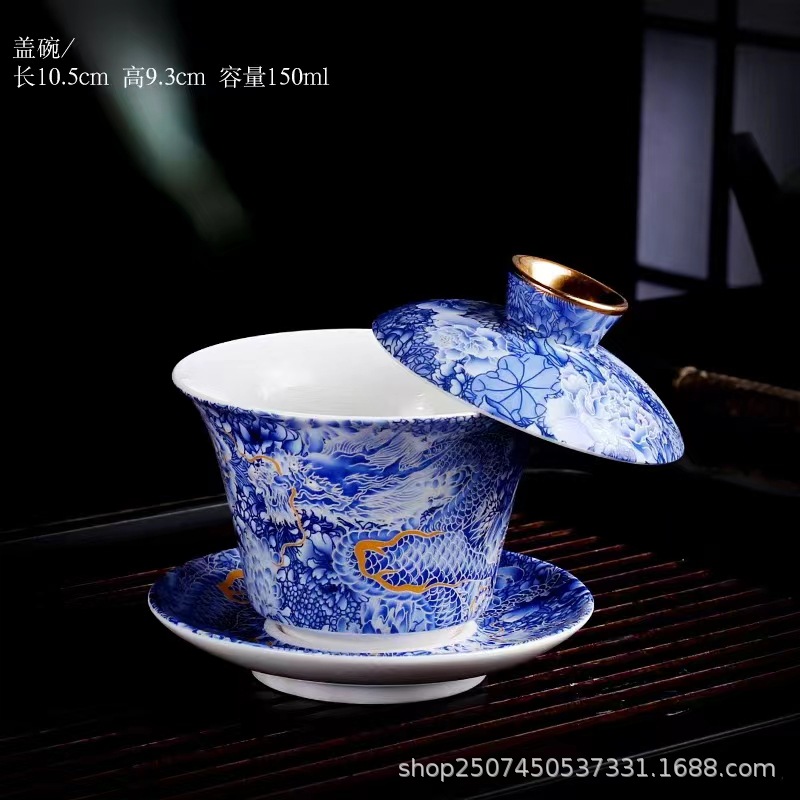 Blue and White Gilded Dragon Sancai Gaiwan - Full Product Analysis