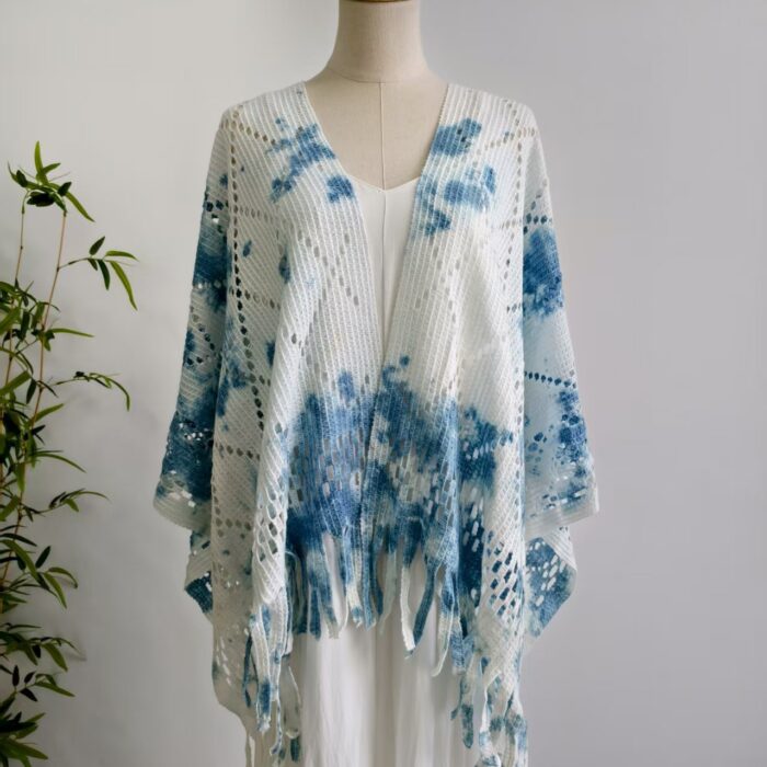 Blue & White Tie-Dye Hollow Tassel Knit Shawl