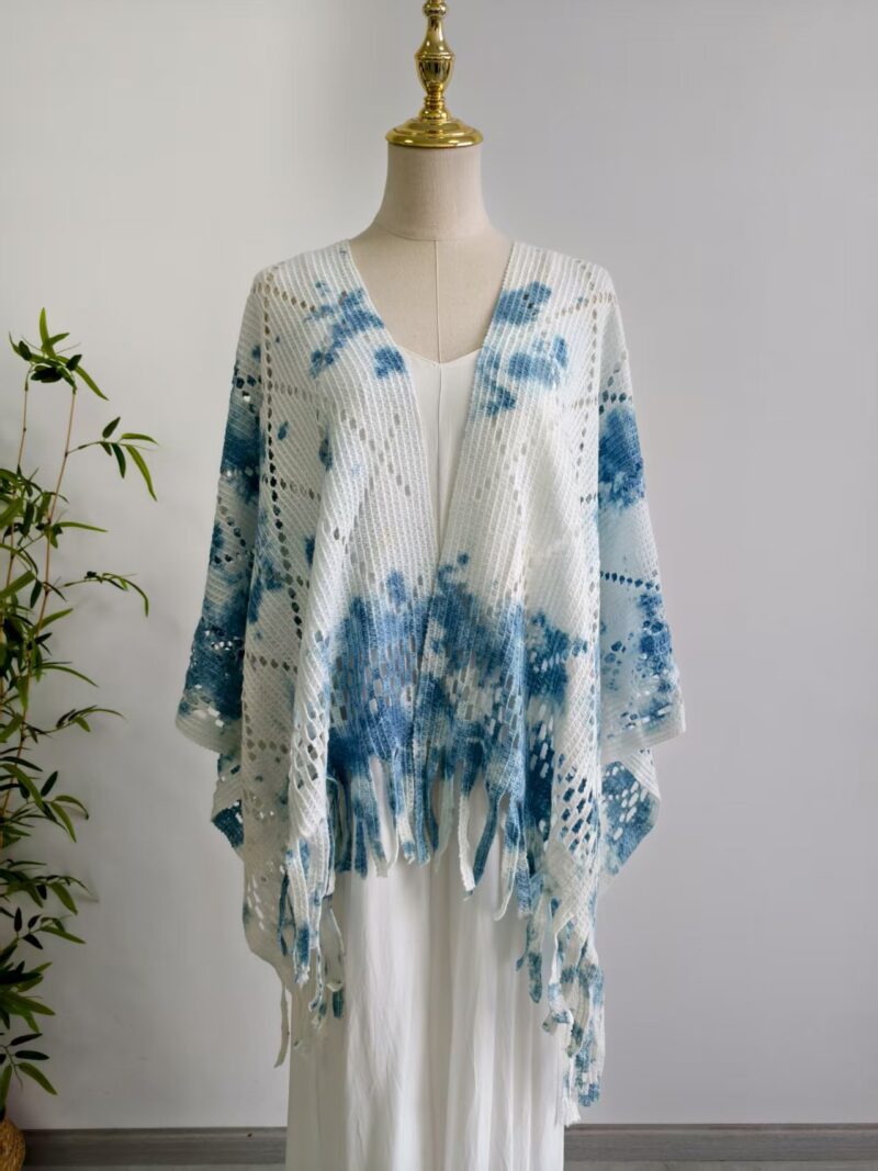 Blue & White Tie-Dye Hollow Tassel Knit Shawl