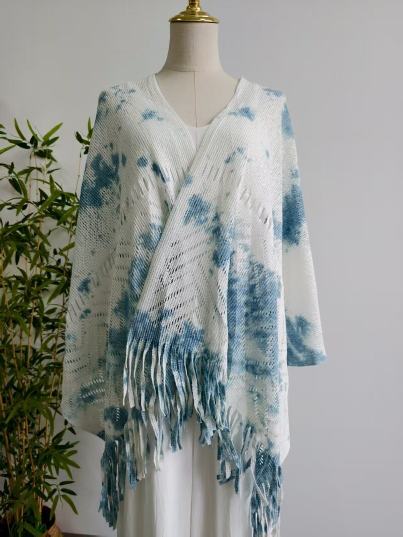 Blue & White Tie-Dye Hollow Tassel Knit Shawl