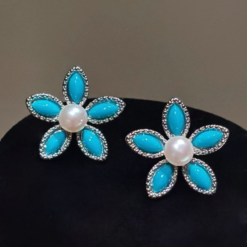 Blue turquoise and pearl earrings925 Sterling Silver Pearl Earrings