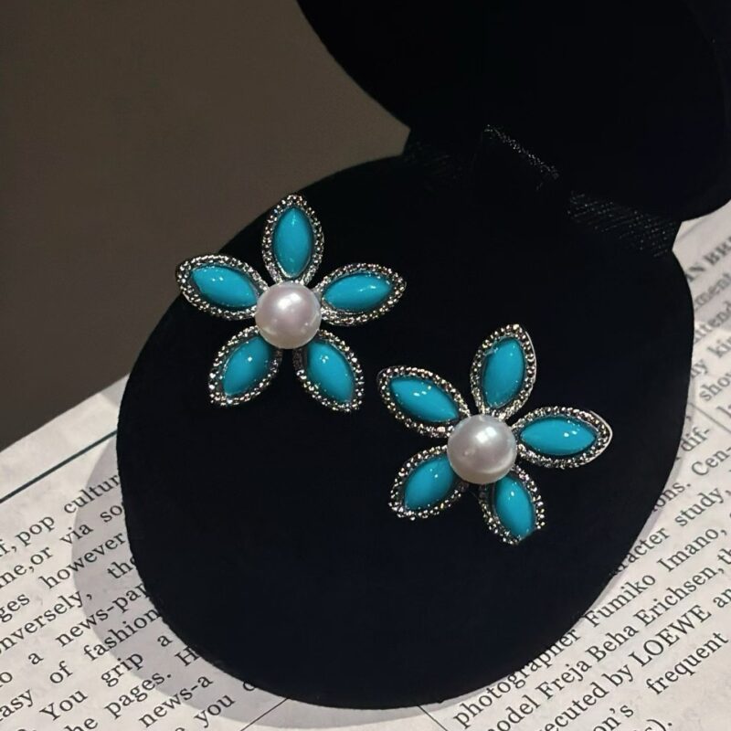 Blue turquoise and pearl earrings925 Sterling Silver Pearl Earrings
