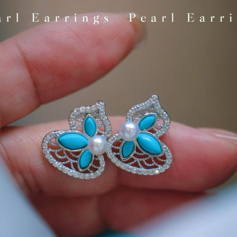 Turquoise-colored natural small pearls Gourd, symbolizing "double blessings of fortune and prosperity"925 Sterling Silver Pearl Earrings