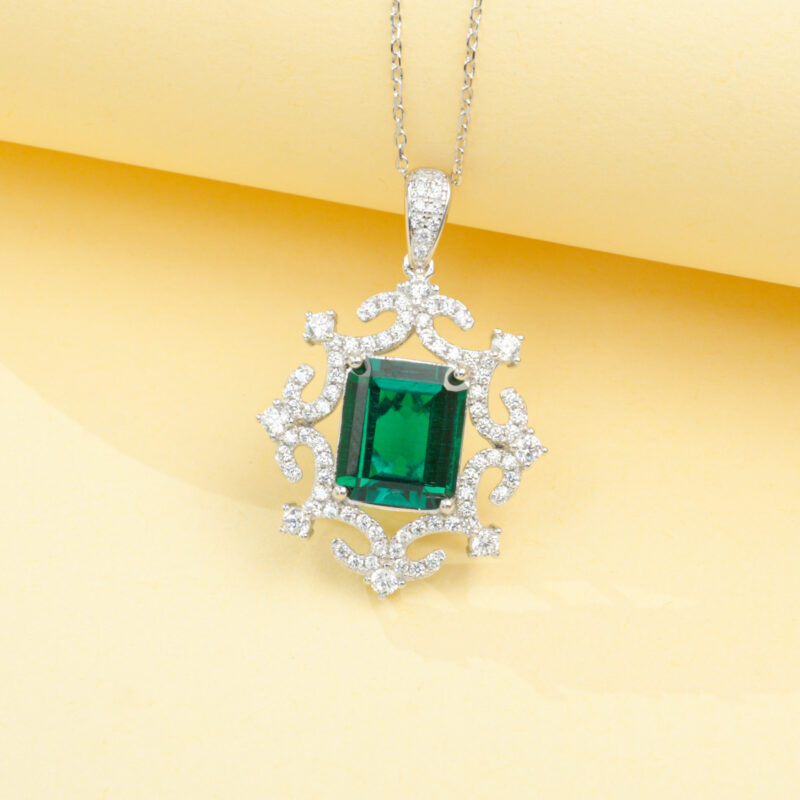 925 Silver Lab-Grown Emerald Necklace (P20251105) – Large Version