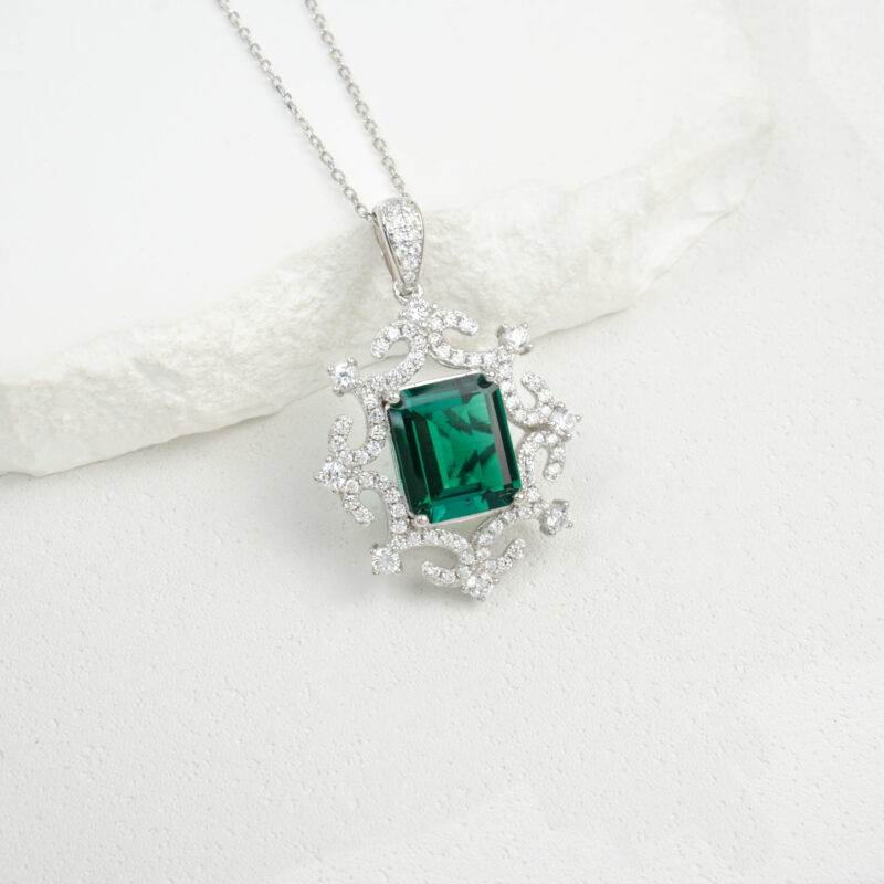 925 Silver Lab-Grown Emerald Necklace (P20251105) – Large Version